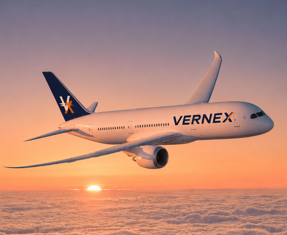 Vernex air freight aircraft flying above the clouds