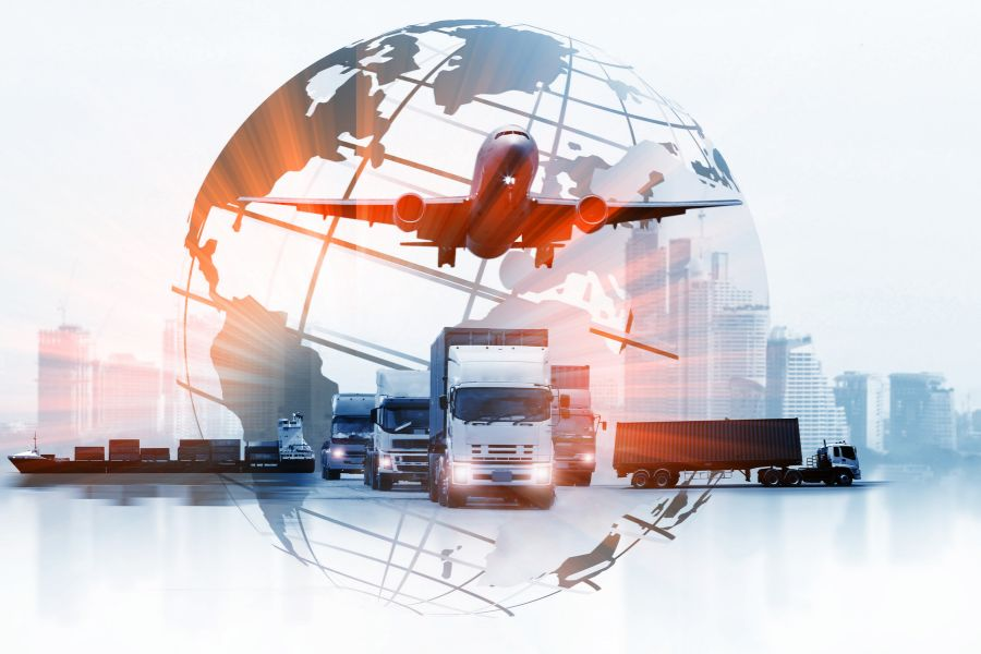 Air, road, and sea freight representing European trade routes
