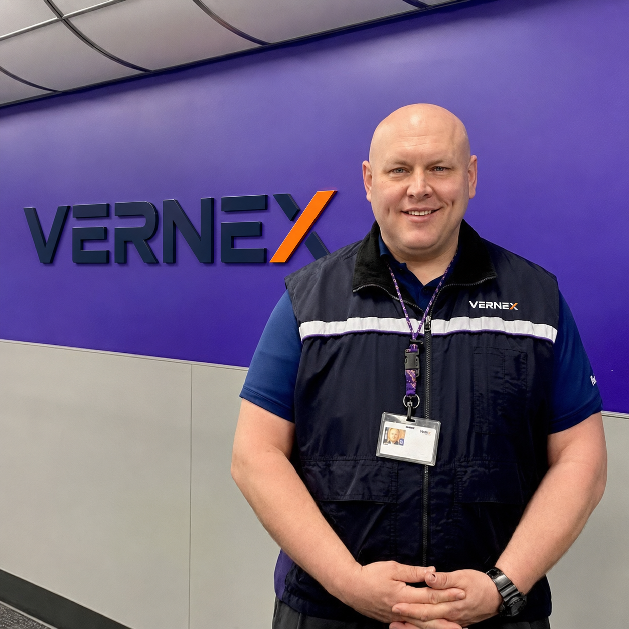 Vernex employee standing in front of the Vernex company logo